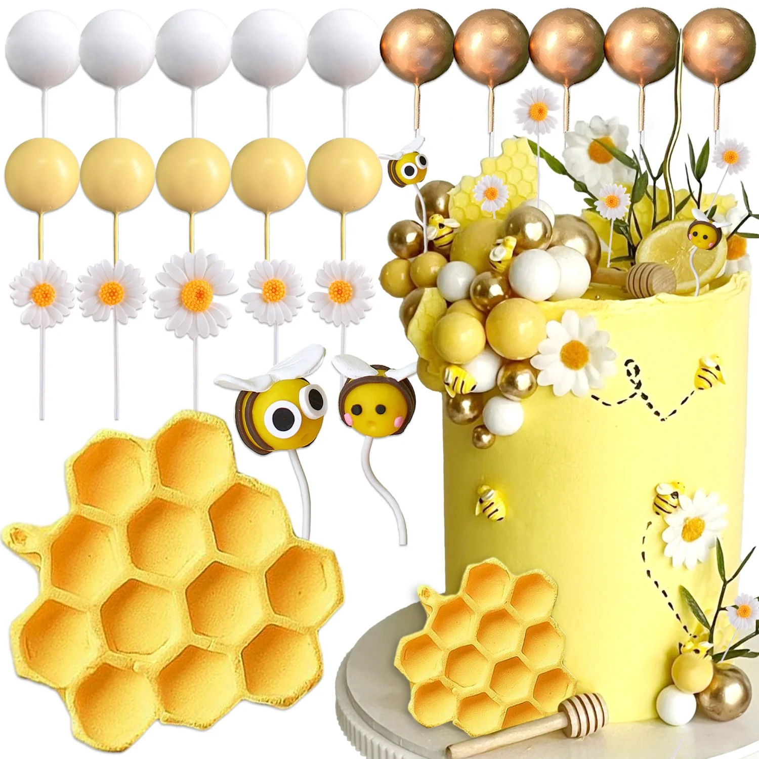 LaVenty Bienen-Kuchendekorationen, Honigkamm-Dekorationen, Bienen-Cupcake-Topper, Abejitas Para Decoracion, Gänseblümchen-Kuchenaufsatz