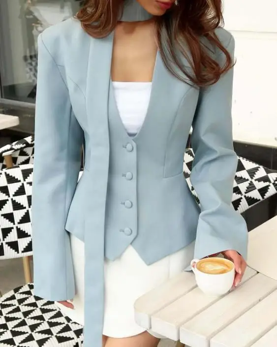 

Elegant Blazer Coat Women's Clothing Spring New Style High-End and Versatile Slim Waist V-Neck Long Sleeve Suit Jacket for Women