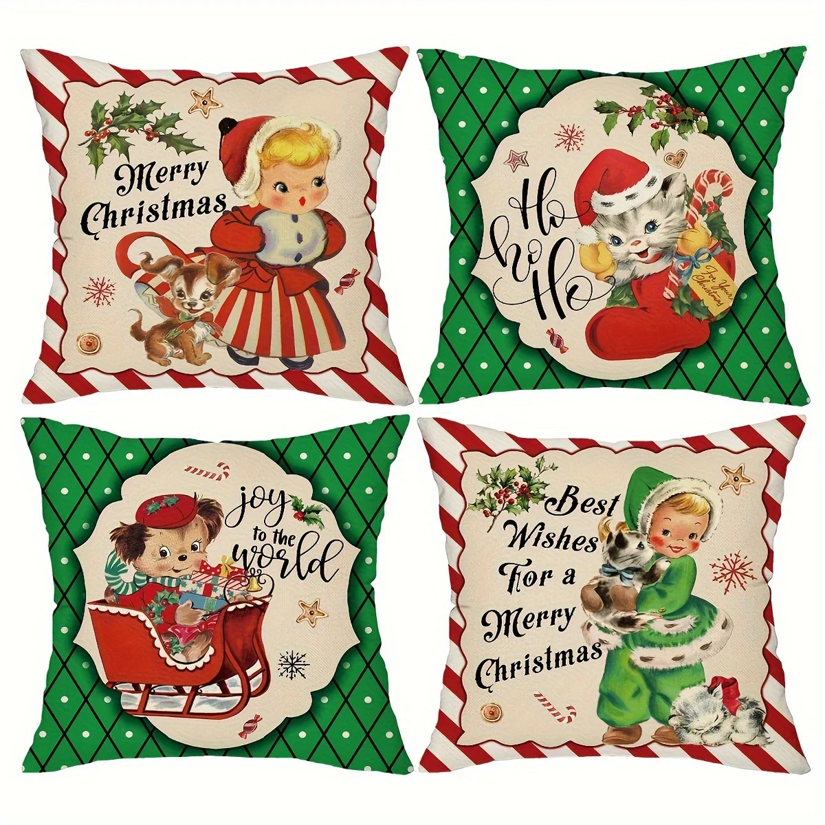 

4pcs Vintage Christmas Throw Pillow Covers, 18in*18in Retro Striped Plaid Xmas Cat And Dog Cute Decor Cushion Covers