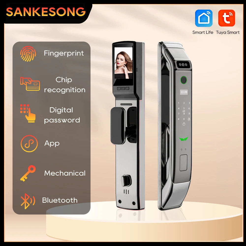 3D Face Wifi Tuya APP Remote Recognition Fingerprint Smart Door Lock Security Camera Control Voice Real-time Intercom