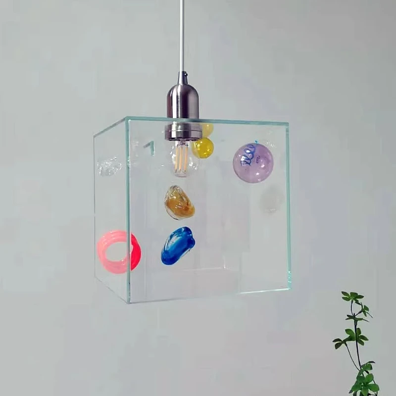 

Glass chandelier dopamine color bedside bedroom porch restaurant cafe simple fishing line lamp