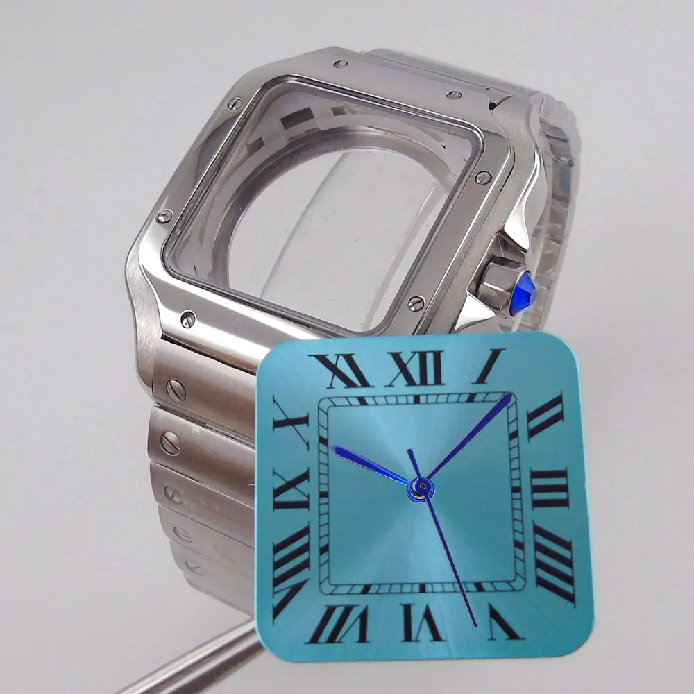 

42mm Steel Square Watch Case 27mm Dial White Blue Black fit NH35 NH36 NH38 Roman Numerals Automatic Movement Men Watch Part