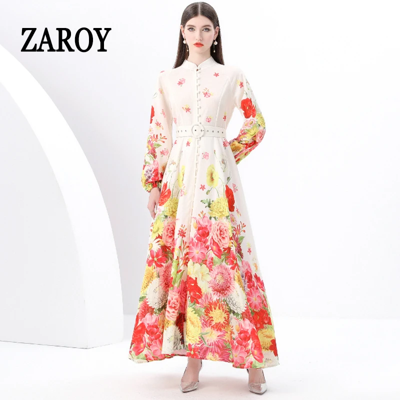 

ZAROY Luxury Floral Print Elegant Women Maxi Dress Fashion Party Holiday A-line Long Dress Long Sleeve Button Belt Robe Vestidos