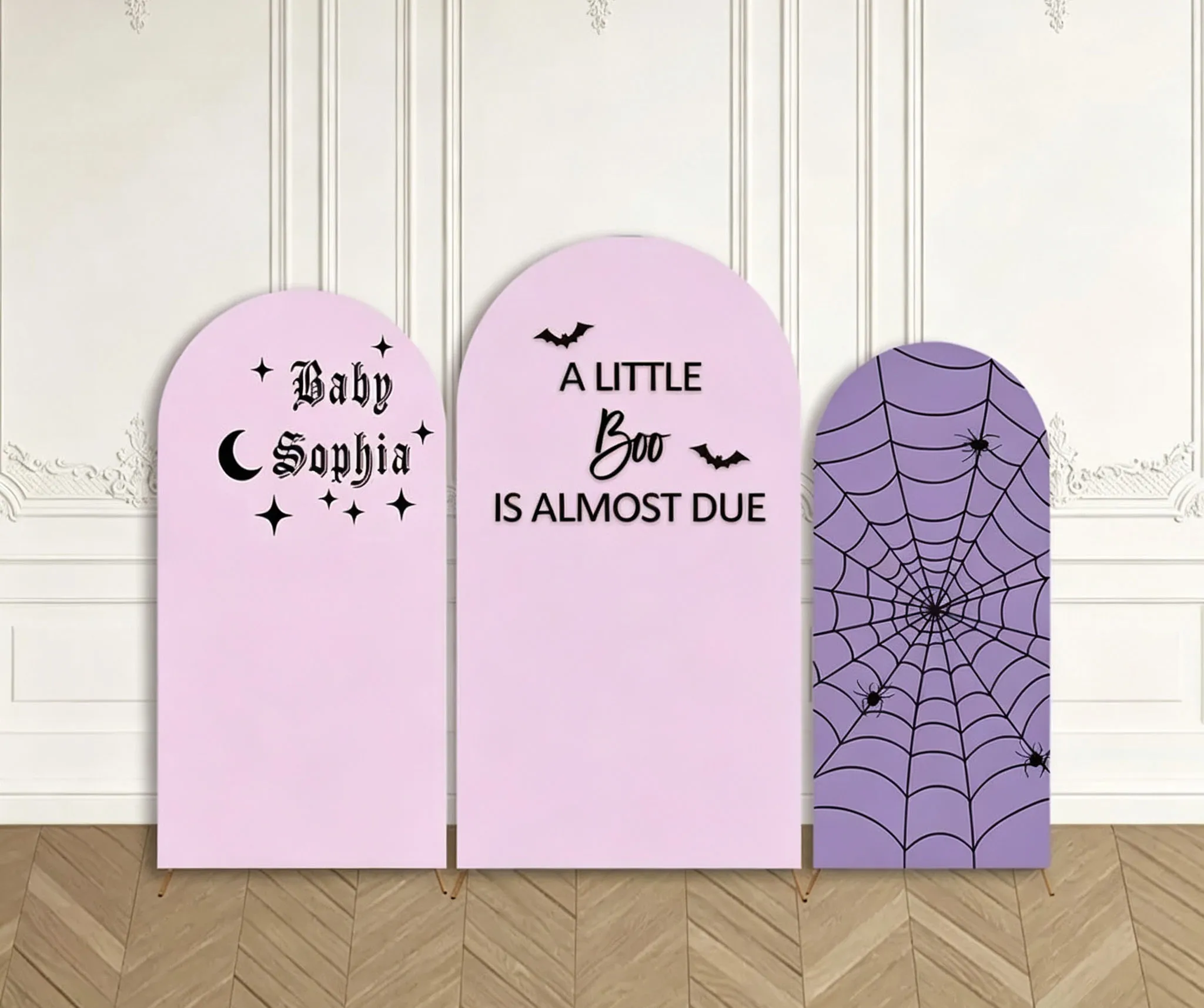 Custom Double-Sided A Little Boo is Almost Due Baby Shower Arch Backdrop Cover Light Purple Spider Web Halloween Party Photo