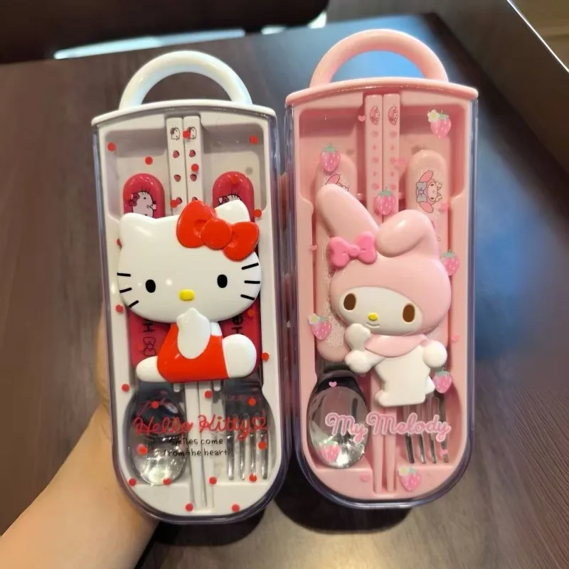 Kawaii Hello Kitty Cartoon Box Spoon Chopstick Fork Stainless Steel Children Student Portable Tableware Women Products Wholesale