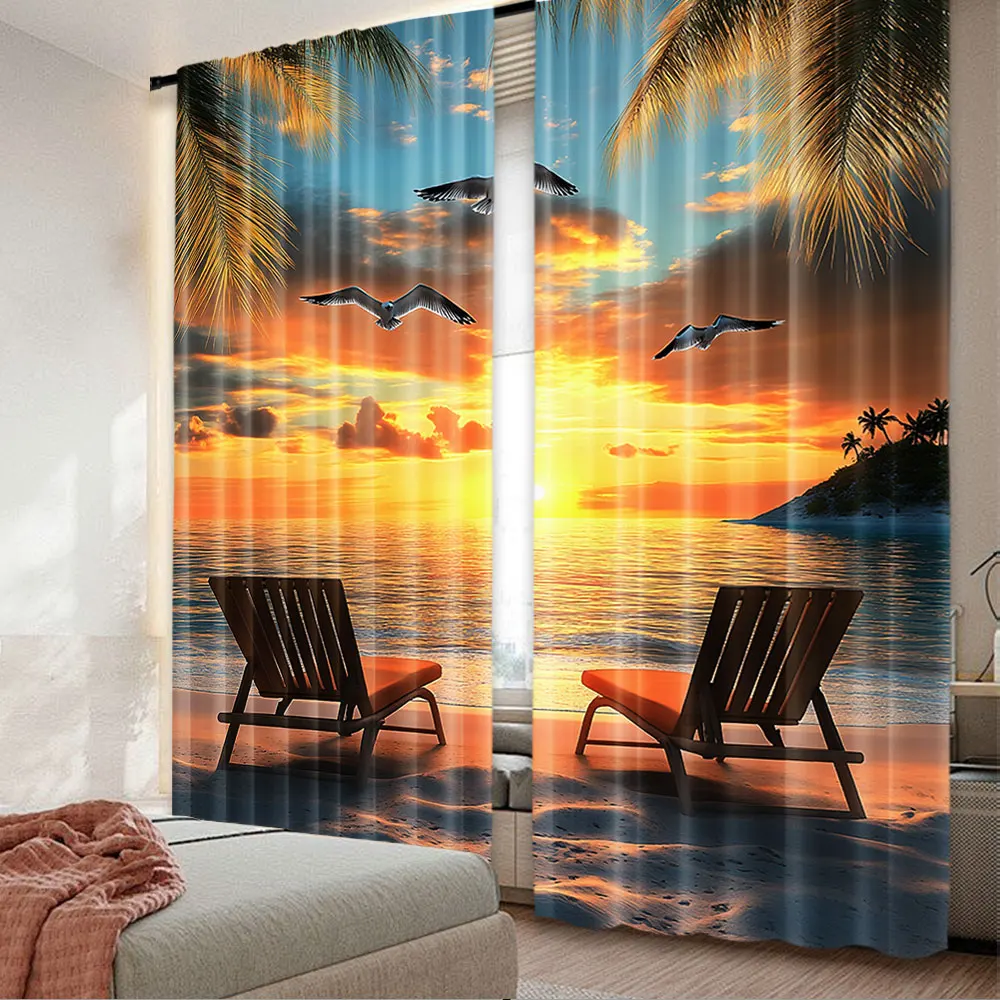 

2Pcs Beach Curtain Sunset Sea Tropical Ocean Inspirational Quotes Coastal Sunrise Palm Tree Motivational Artwork