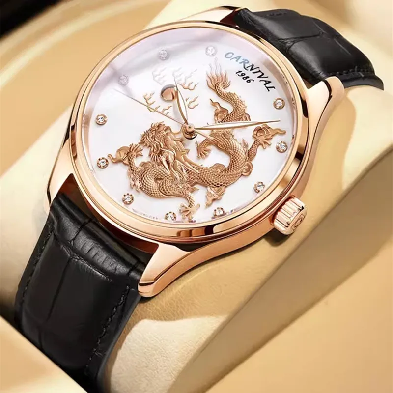 CARNIVAL Dress Mechanical Wristwatches Brand Luxury 3D Gold Dragon Automatic Watch for Men Waterproof NH36 Movement Reloj Hombre