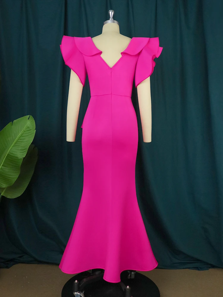 Vestidos longos vermelhos rosa com babados, Peplum de cintura alta, Bodycon com comprimento do tornozelo, Outifts de festa de aniversário à noite,