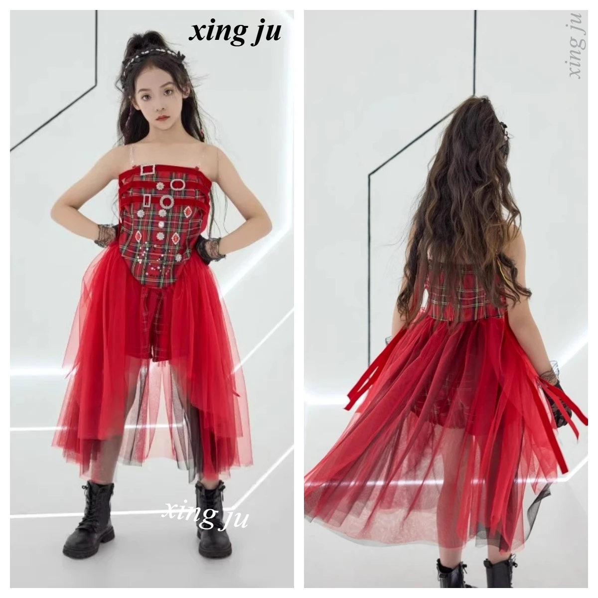 

Kids Jazz Dance Costume Girls Street Dance Red Rhinestone Plaid Mesh Dress Fashion Slim Shorts Children Hip Hop Stage Show Wear