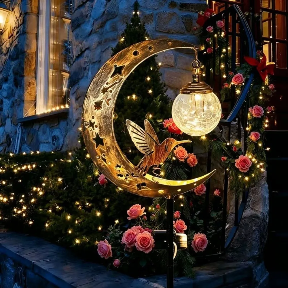 Waterproof Solar Garden Stake Light Floor Insertion Half-Moon Design Hummingbird Moon Light Solar Powered Creative Lawn Lamp