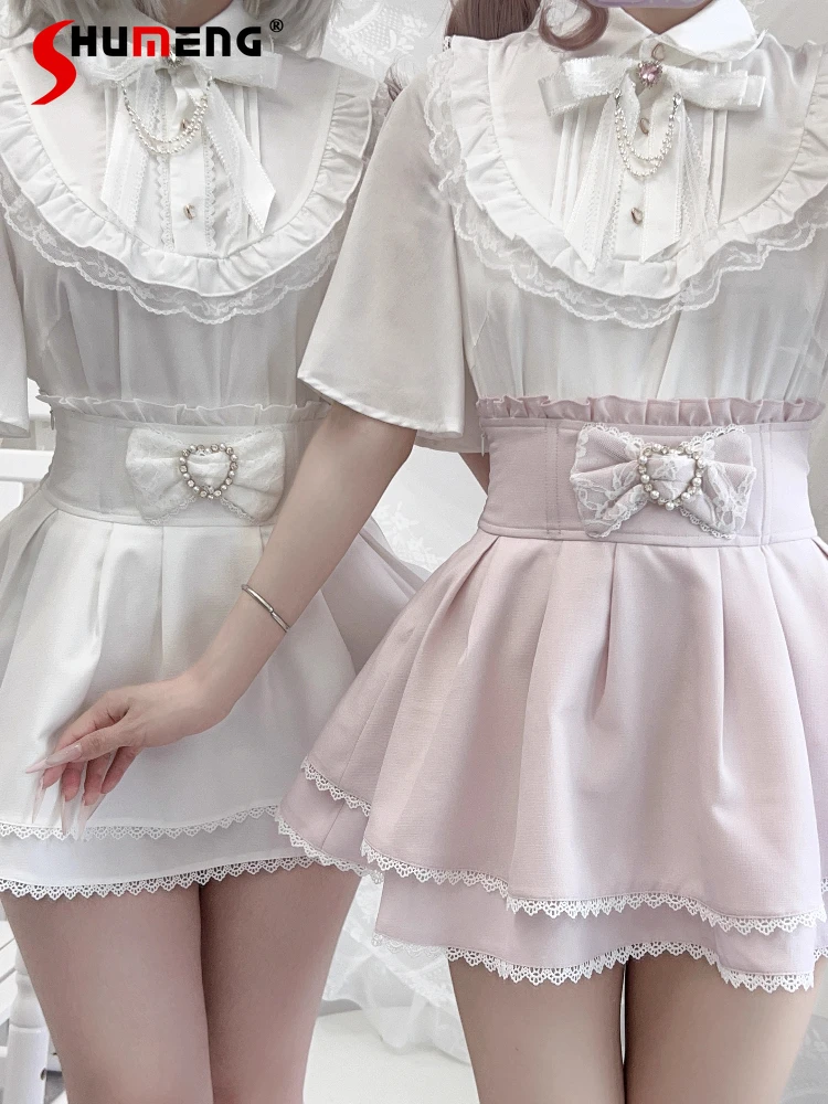 

Japanese Mines Style Mass-Produced Subculture Doll Collar Bow Short Sleeve Shirts Elastic High Waist Skirts Two-Piece Set Women