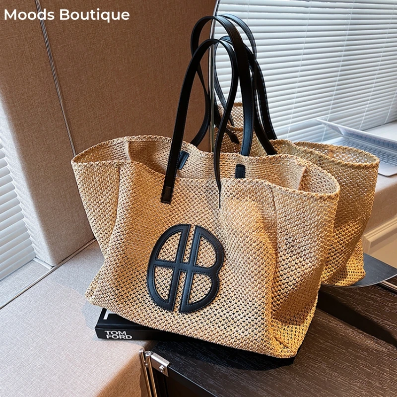 MOODS Summer Beach Shoulder Tote Bags For Women Raffia Straw Woven Designer Handbags 2-IN-1 Large Capacity Shopper Tote Bag Sets