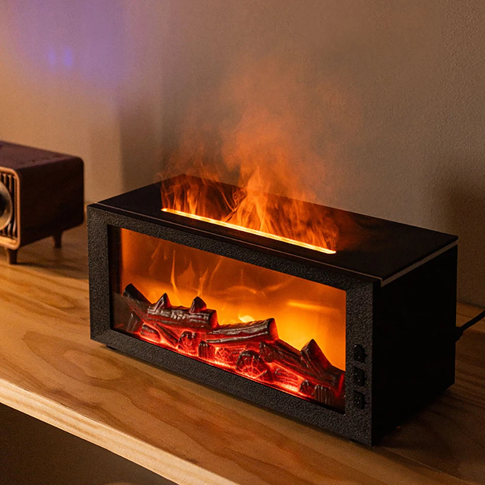 LED Simulated Flame Fireplace Aromatherapy Machine RGB Colorful Atmosphere Light Timming Home Air Humidifier with Remote control