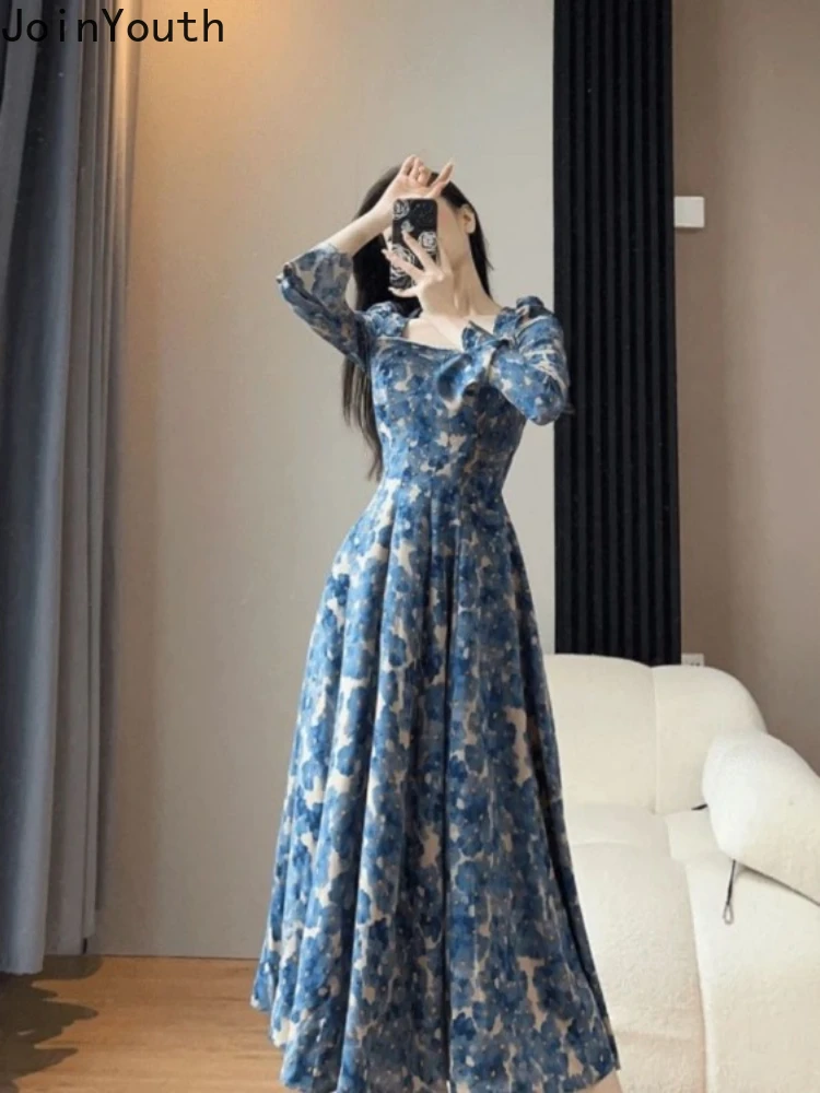 Temperamento Robe Femme abiti floreali donna 2024 Vestidos De Mujer manica svasata perline colletto quadrato tunica Vintage Maxi Dress