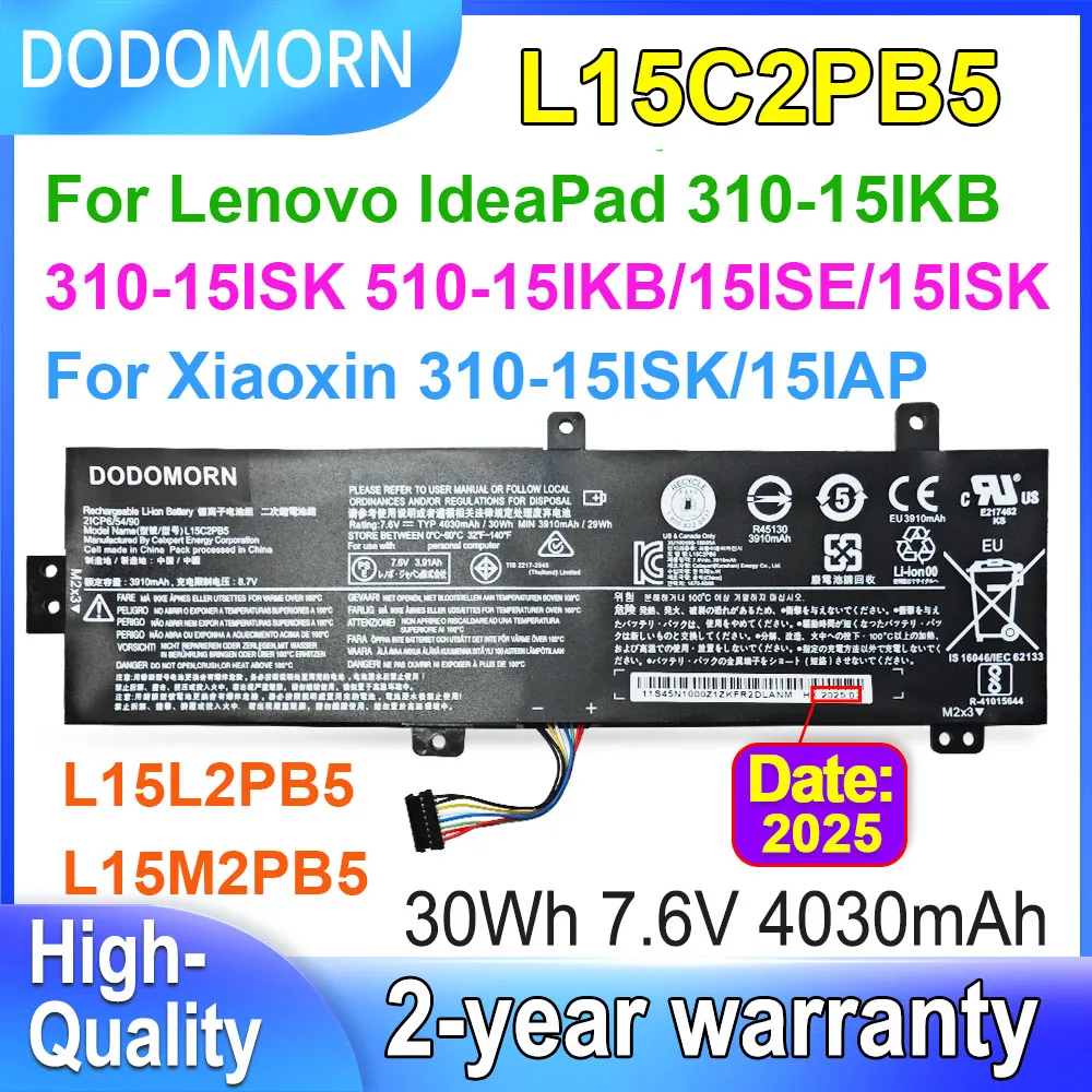 Batería DODOMORN L15M2PB5 L15C2PB5 para Lenovo IdeaPad 310-15IKB 310-15ISK 310-15IAP 510-15ISK 15ABR portátil L15L2PB5 7,6 V 30Wh