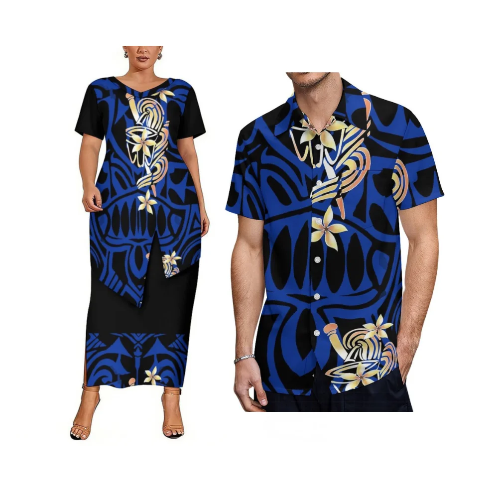 

Парные полинезийские наряды с индивидуальным дизайном: женская юбка-пулетаси с V-образным вырезом и асимметричным подолом, мужская рубашка с коротким рукавом