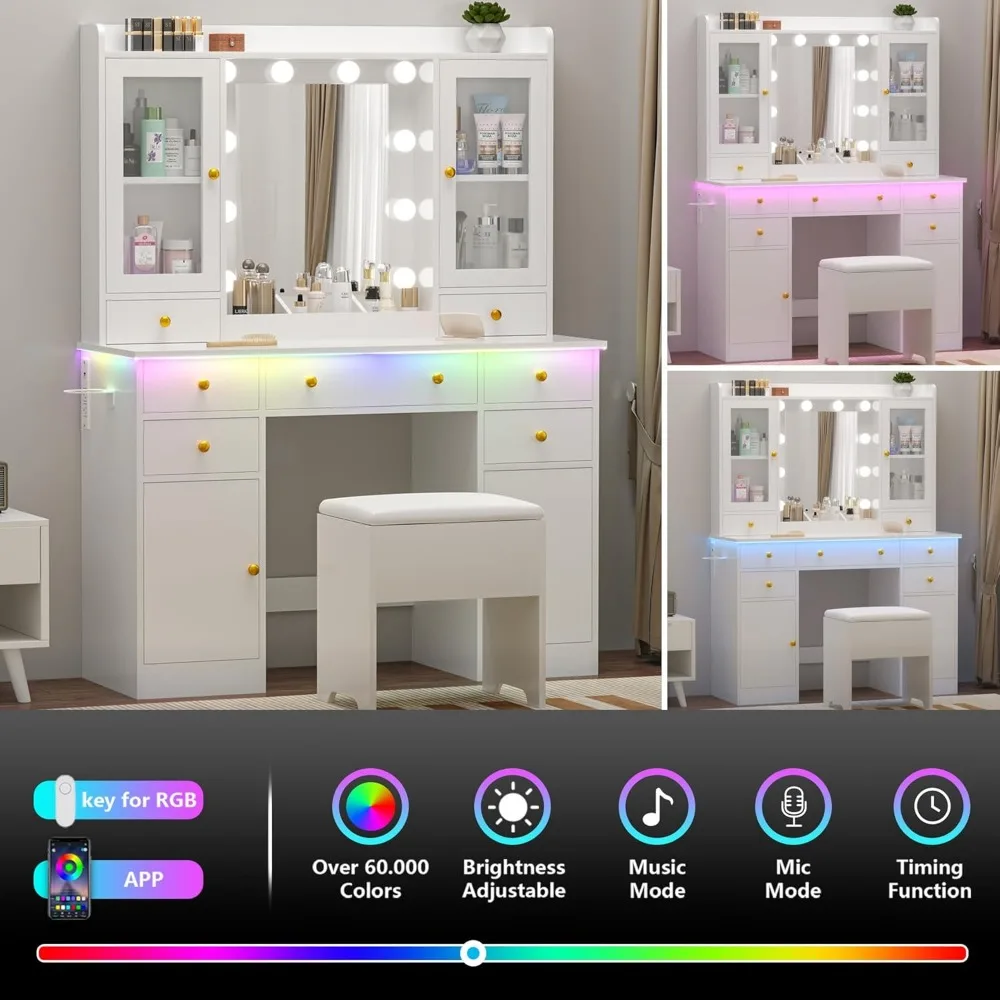 مكياج أبيض فاخر مقاس 43 بوصة مع مرآة وإضاءة و5 أدراج وخزائن زجاجية ومقعد ومخرج طاقة