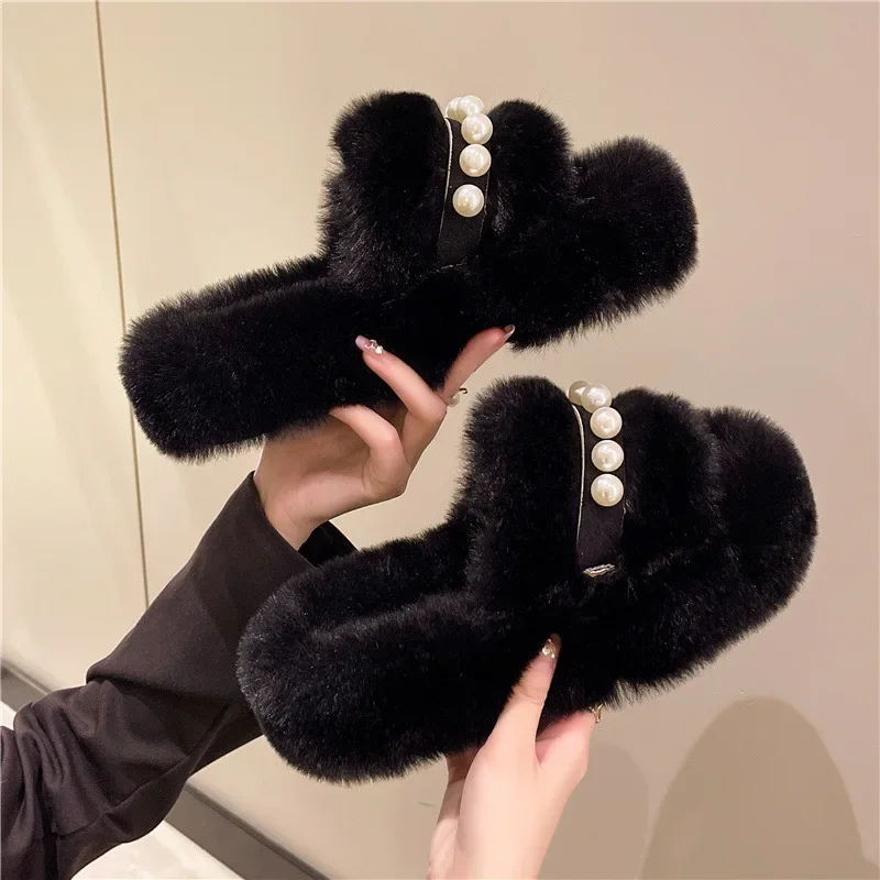 Women\'s Fur Slides for home Fashion Rhinestones Winter Warm Plush Ladies Slippers indoor Ladies Cotton Shoes Furry Flip Flops