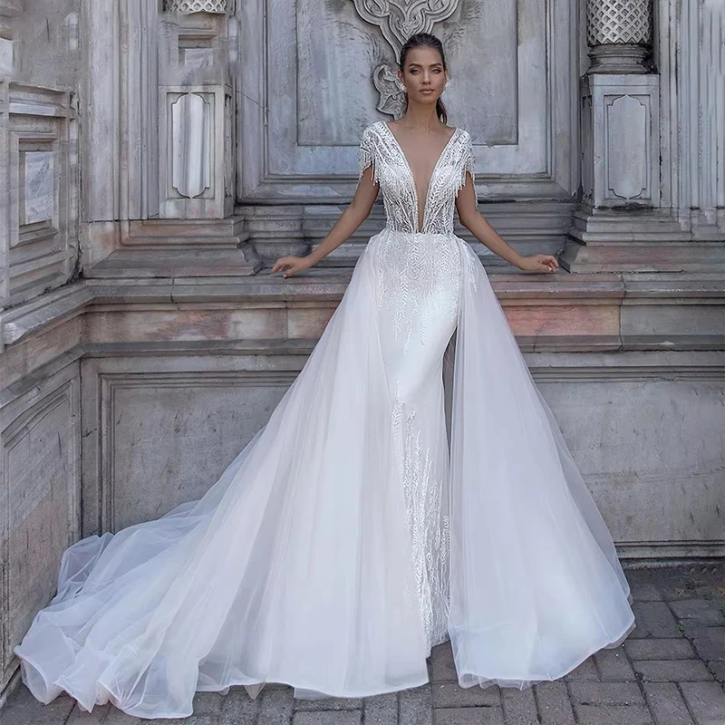 

Роскошное свадебное платье со съемным шлейфом из органзы с вышивкой, бальное платье русалки без рукавов с v-образным вырезом по индивидуальному заказу, Vestido De Novia