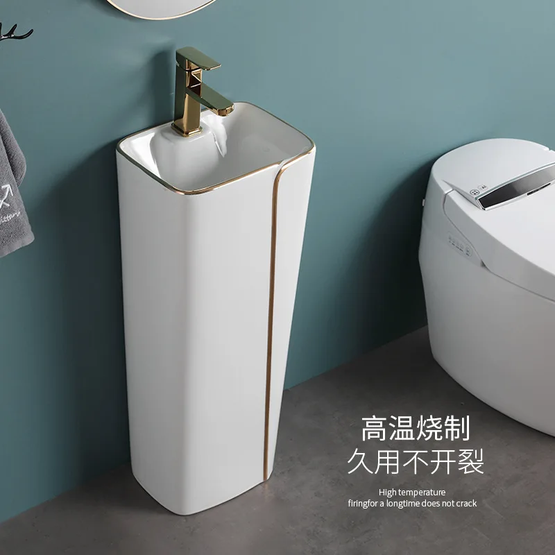 Ceramic Phnom Penh Nordic floor-to-ceiling one-piece column basin, black edge outlet wash basin, integrated small-size face sink