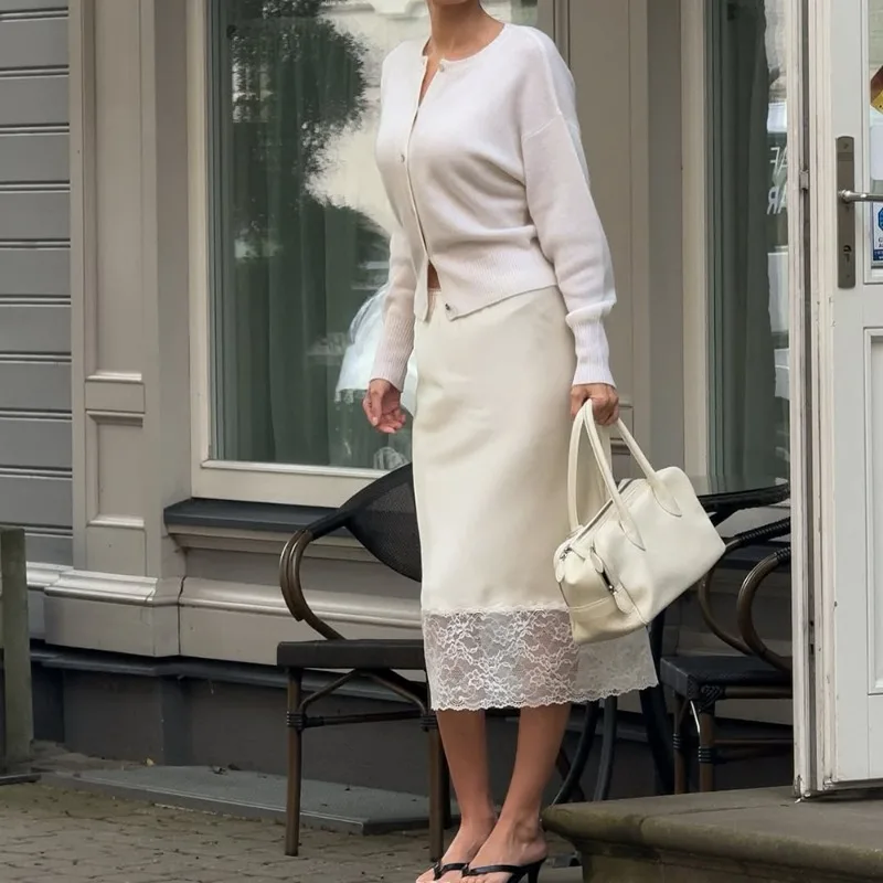 2025 New White Lace Patchwork Slim Skirts Fashion Long Half-length Skirt Luxury Y2k Party Looks Vintage Casual Women Skirts