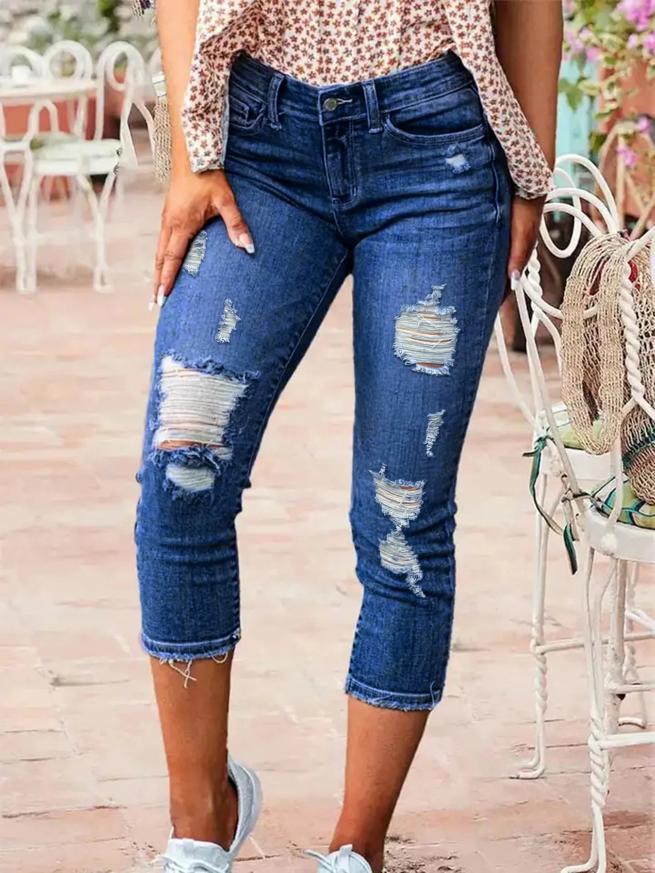 Stretch Washed Blue Skinny Slim Fit Cropped Distressed Ripped Light High Waist Denim Trendy Casual Womens Jeans Womens Pants
