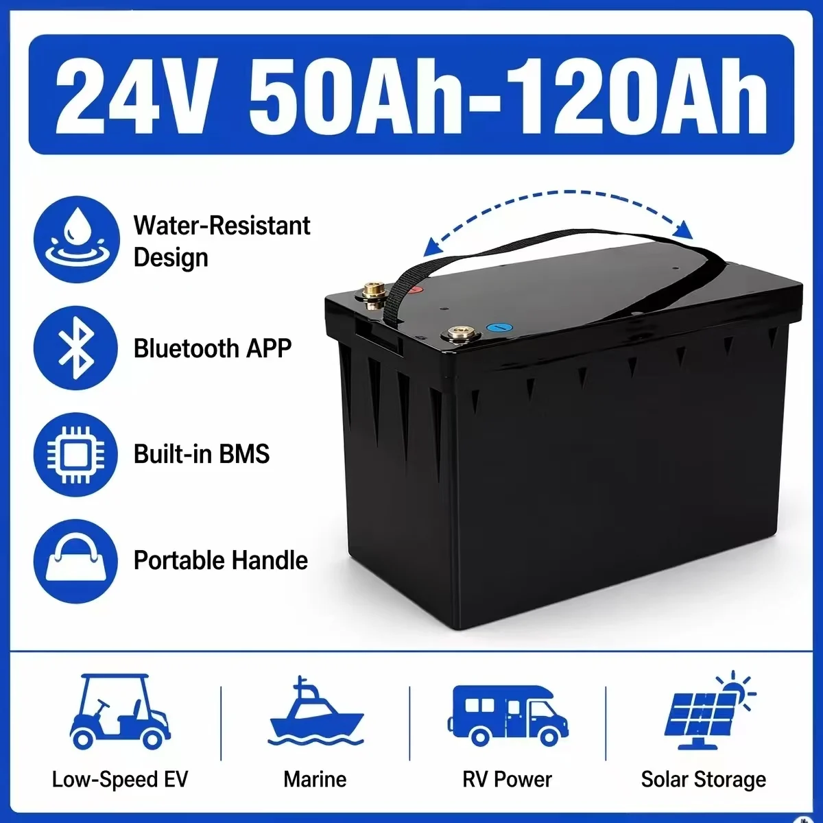 

24V 50Ah-120Ah Li-ion Battery with BMS, 300W-3000W for Solar Home UPS RV Off-Grid, Rechargeable Deep Cycle Power Storage