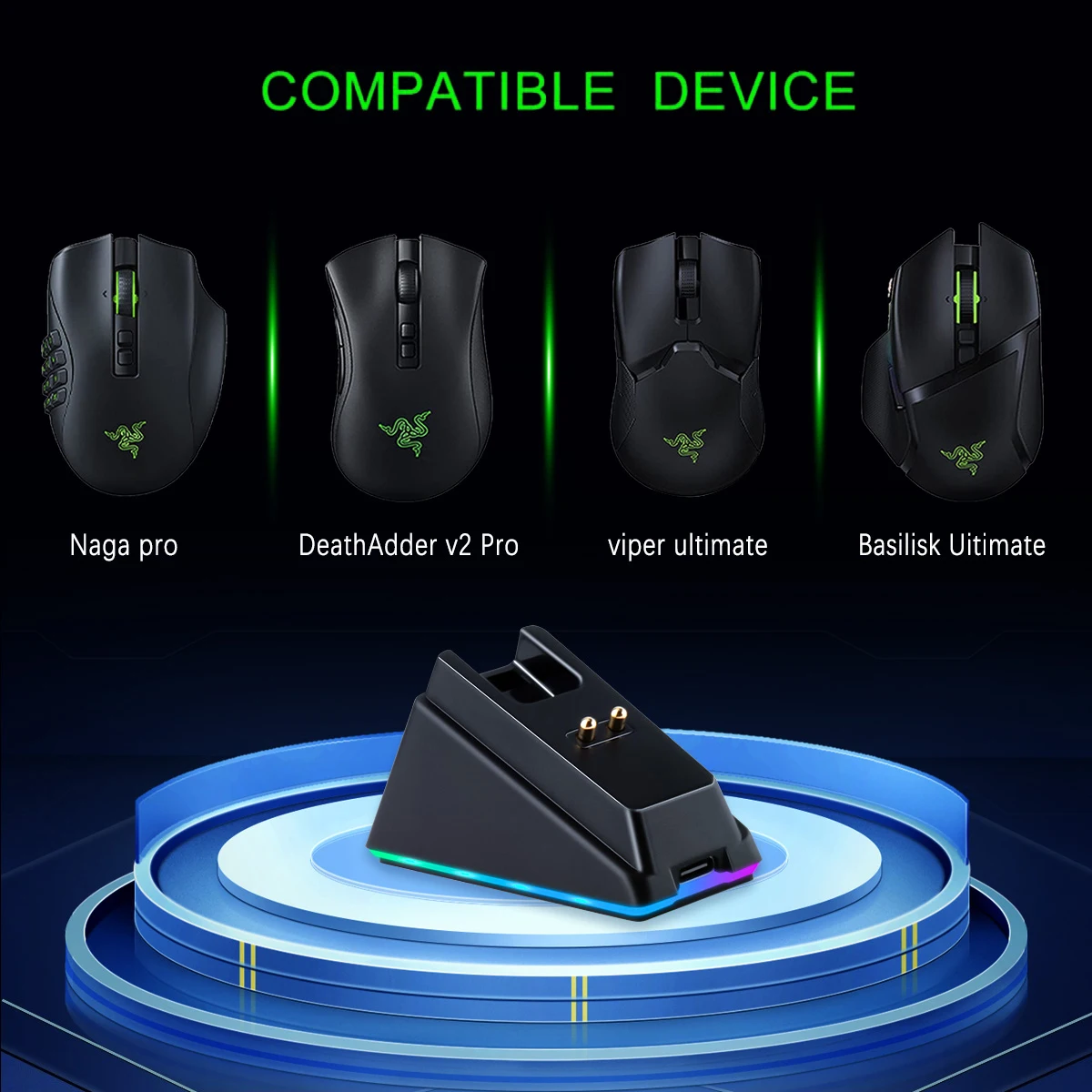 Dock di ricarica RGB per Razer Mouse DeathAdder V2 Pro Viper Ultimate Basilisk Ultimate Naga Pro