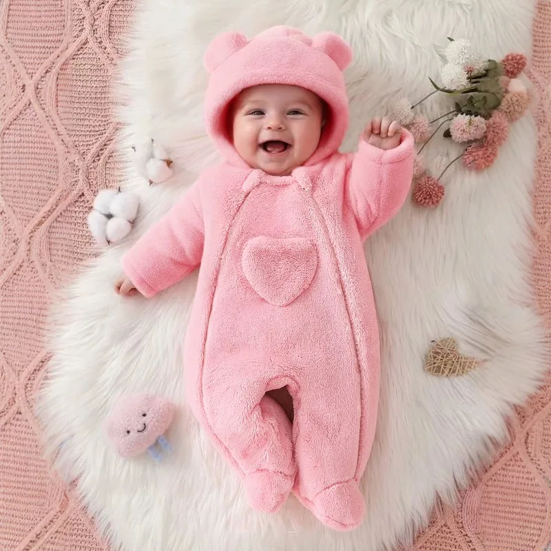 Newborn Baby Girl Pink Bear Romper Soft Fleece Hooded Jumpsuit Cute Heart Design Warm Winter Playsuit Infant Bodysuit 0 24 Month