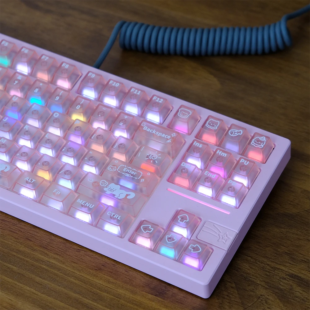 Sweet Cat Keycap Cute Pink Mist Through Cherry Pbt Keyboard Keycaps Aula Frosted Translucent Key Cap 140Keys