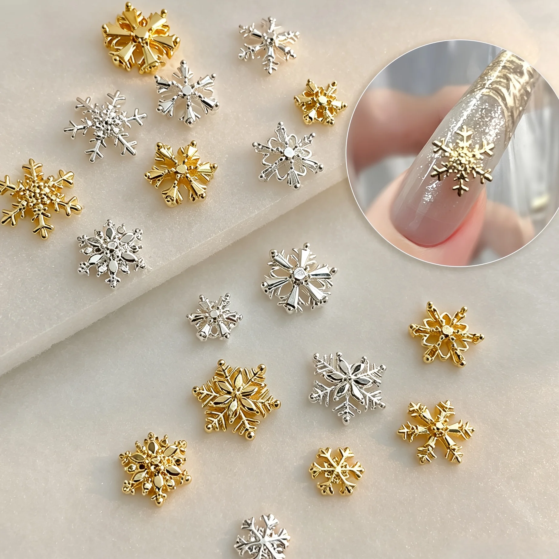 50pcs Mixed Gold Silver Snowflake Alloy Nail Charms, Flat Bottom, Christmas Winter DIY Decor