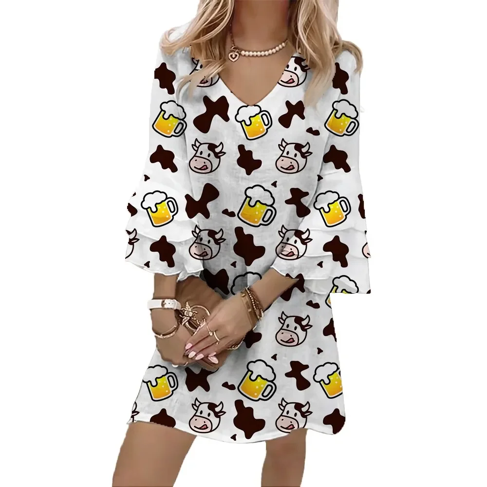 

Jumeast Beer 3D Print Women Casual Flared Sleeve V-Neck Dress Cartoon Cow Pattern Elegant Brahman Skirt Tropical Style Clothing