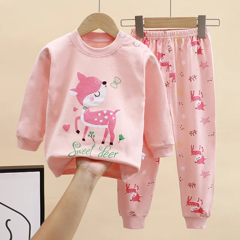 New Kids Boys Girls Pajama Sets Cartoon Print Long Sleeve O-Neck T-Shirt Tops with Pants Toddler Baby Autumn Sleeping Cloth DS39