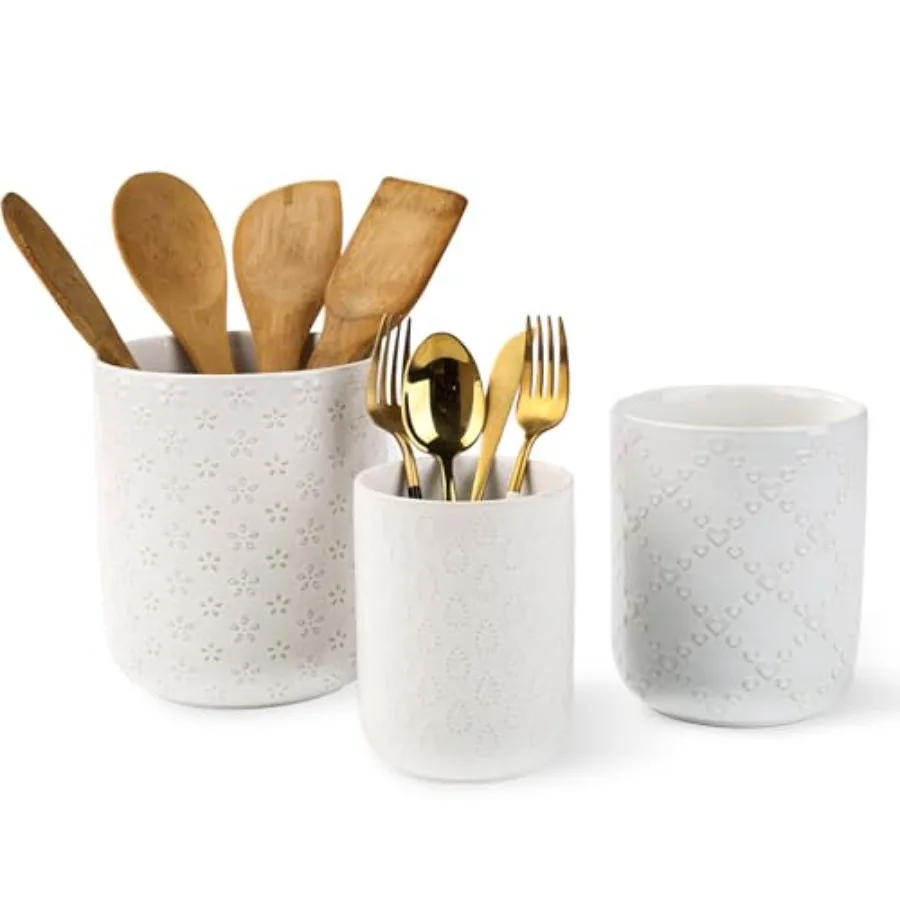 

Kitchen Utensil Holder Farmhouse Embossed Cooking Utensils Holder White Ceramic Utensil Crock for Countertop Large Utensil Orga