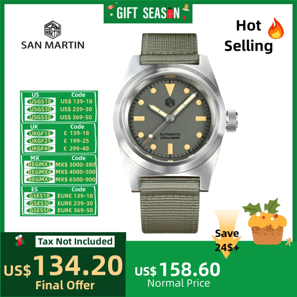 San Martin 38MM Automatisch Mechanisch Horloge YN55A Self-Wind Horloges Diver Sapphire C3 Lichtgevend 20Bar Waterdicht SN0029C