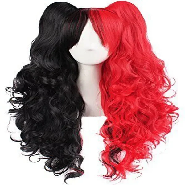 Harajuku Long Red & Black Curly Cosplay Synthentic Hair Wig with 2 Pigtails