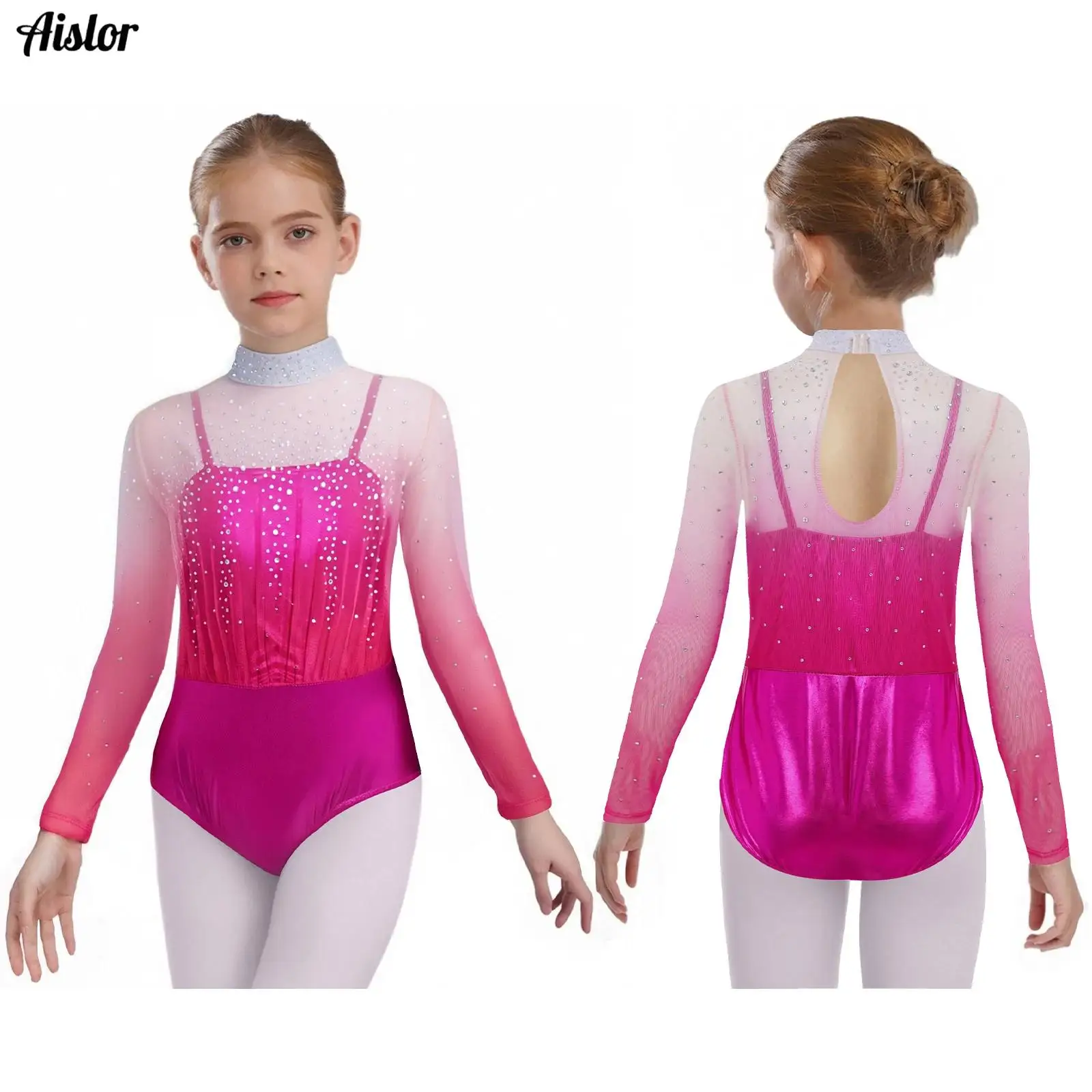 

Kids Girls Skating Gymnastics Dance Leotard Spaghetti Straps Metallic Long Sleeve Shiny Rhinestones Sheer Mesh Bodice Bodysuit
