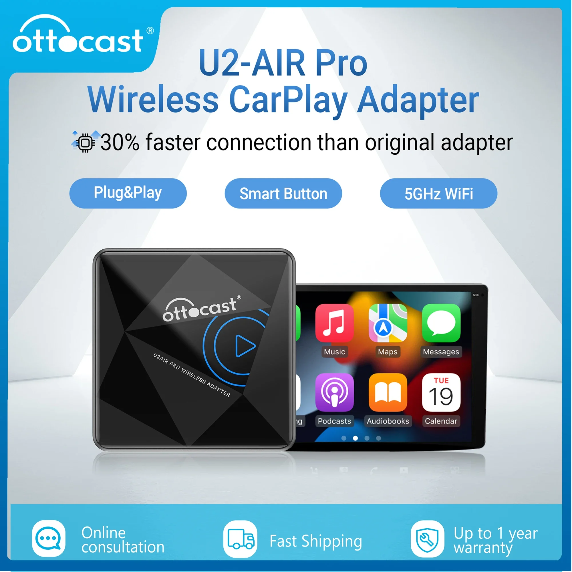 OTTOCAST Wired To Wireless CarPlay Adapter U2 Air PRO CarPlay Car Accessories for Hyundai Ioniq Skoda VW Nissan Ford Volvo