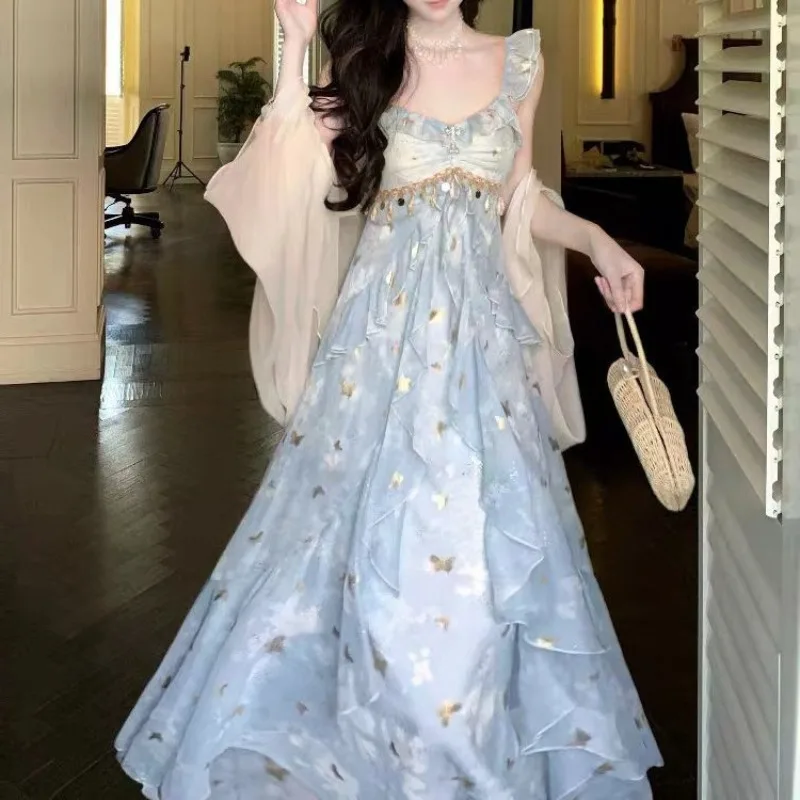 

Summer New Blue Women's Sleeveless Straps Dress Korean Fashion Butterfly Pattern Beach Vacation Fairy Maxi Dresses for Women