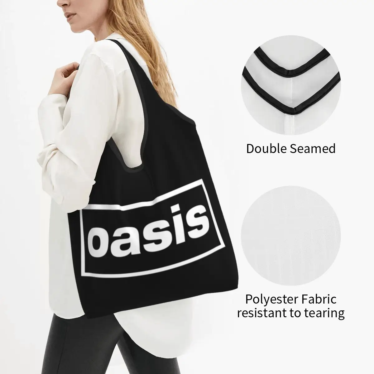 Reusable Rock Band Logo British Music Albums Shopping Bag for Groceries Foldable O-Oasis Grocery Bags Washable Large Tote Bags