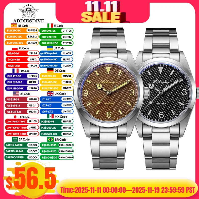 

ADDIESDIVE TOP Мужские часы из нержавеющей стали 316L с пузырьковым зеркалом, 10 бар, светящиеся кварцевые часы для дайвинга, relojes para hombres