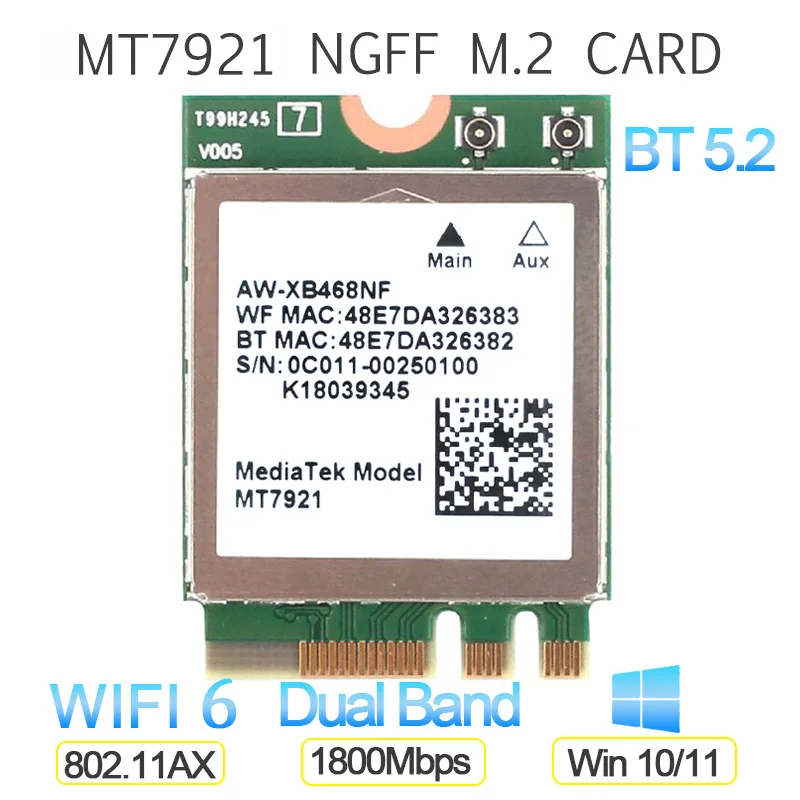 Used Wi-Fi 6 MediaTek MT7921k MT7921 1800M Bluetooth 5.2 NGFF M.2 wireless wifi network card supports windows10 / 11