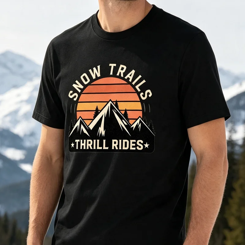 Snow Trails Thrill Rides T‑Shirt Vintage Snow Mountain Graphic Tee Men Women Outdoor Skiing Hiking Adventure‑themed Apparel Top