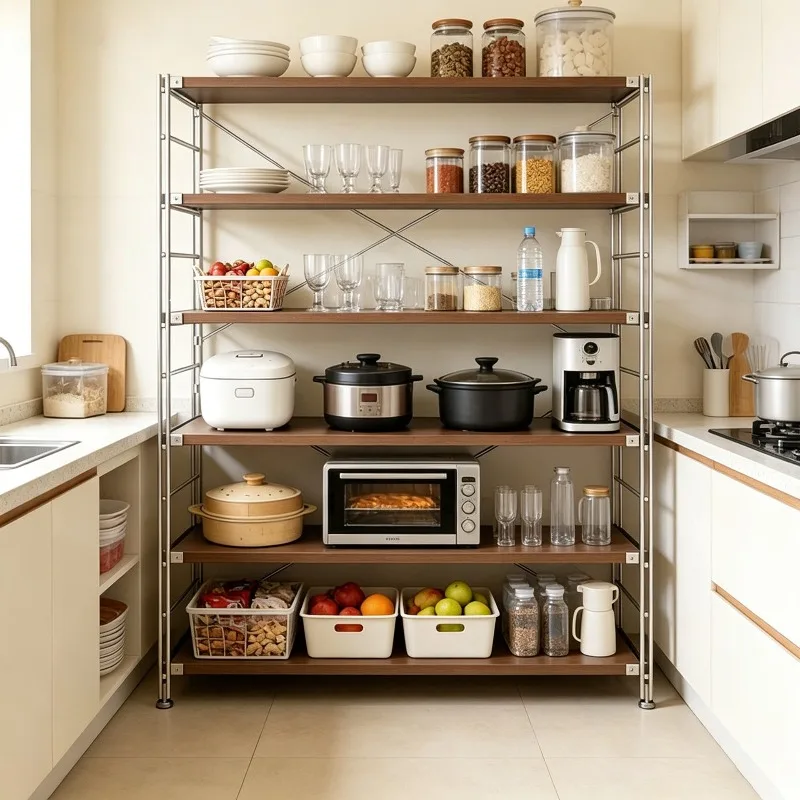 Suporte de chão multicamadas de madeira para cozinha, para armazenamento de forno de micro-ondas, panelas e pratos.
