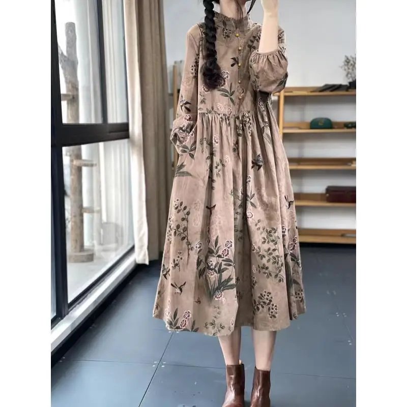 2023 New Autumn Fashion Simple Print Round Neck Wooden Ear Edge Long Sleeve Temperament Commuter Women's Loose Casual Dress