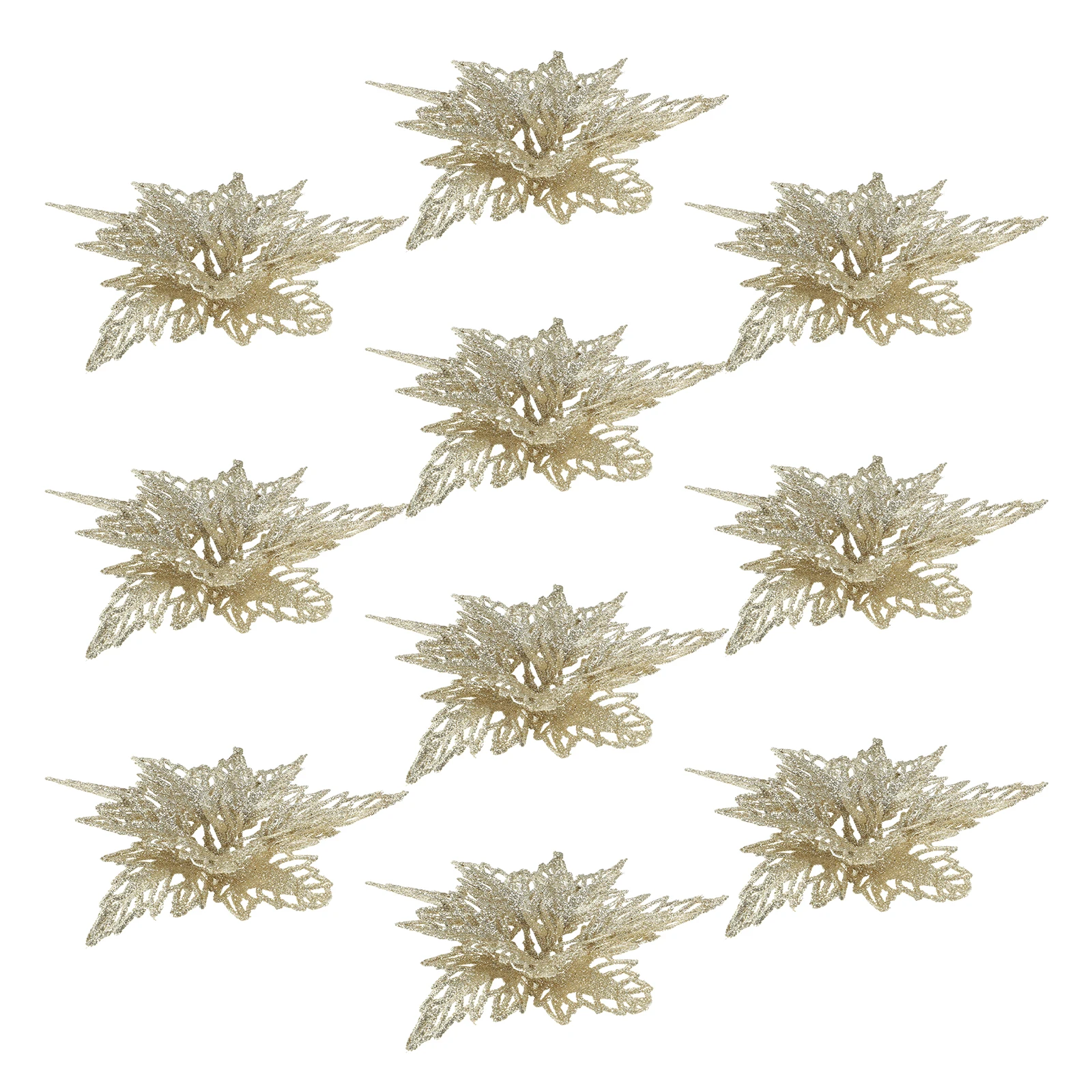 

10pcs Glitter Christmas Poinsettia Flowers Shiny Artificial Xmas Tree Decorations Long-Lasting Holiday Wreath Garland Fence Fake