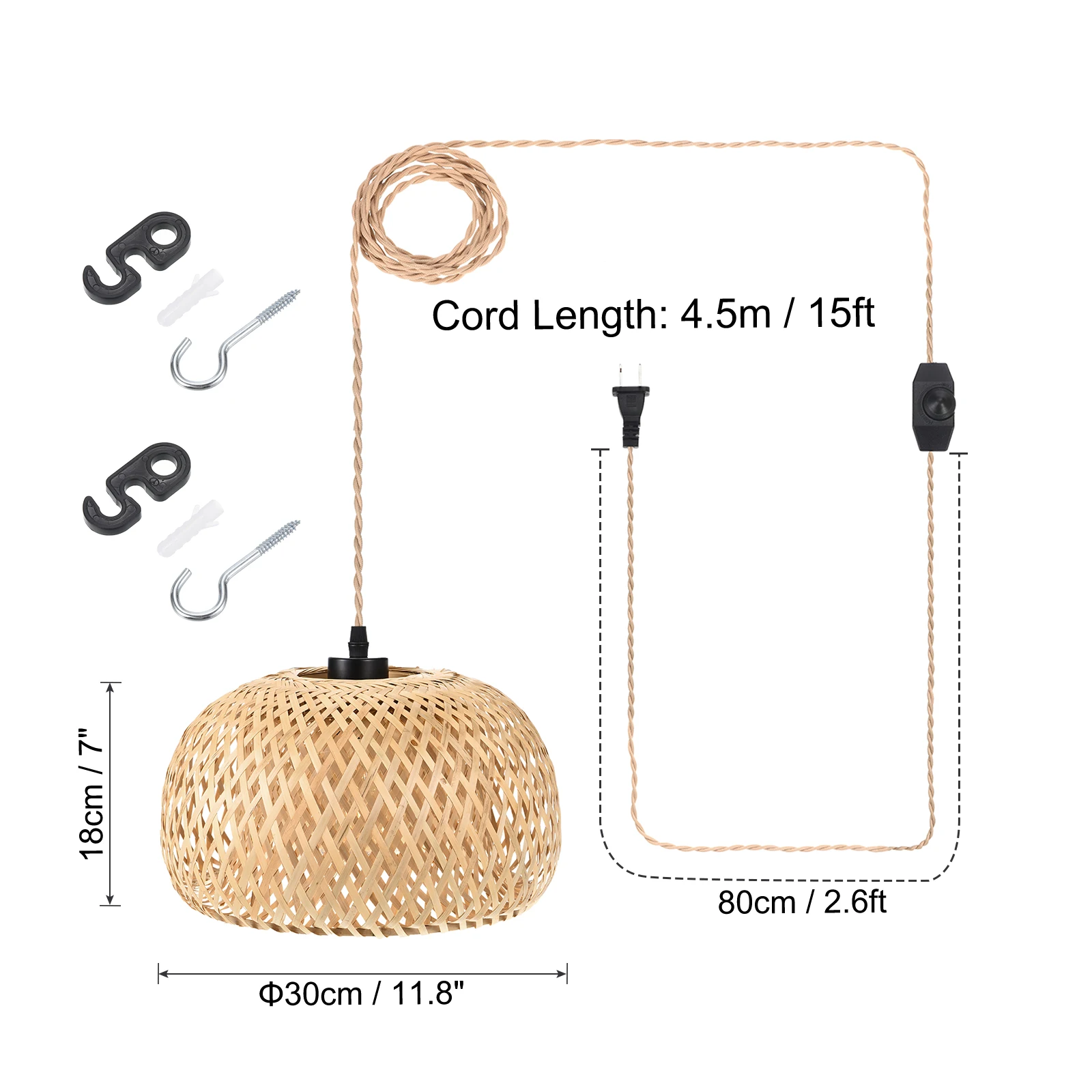 Lampshade de bambu tecido para sala de estar, Plug in Pendant Light, Wicker Rattan Hanging Light, Cabo do interruptor regulável, 15ft