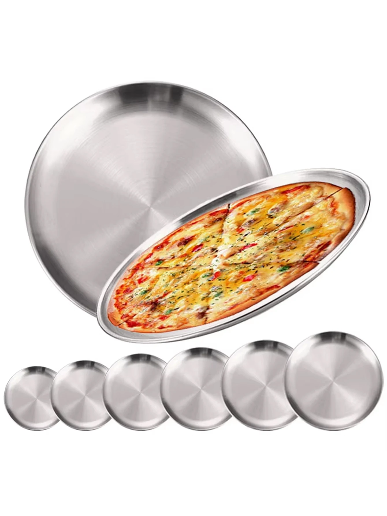 2 Stück Edelstahl Runde Silberne Flache Servierplatten Rostfrei 14/17/20/23/26/30cm Camping-Teller BBQ Picknick-Geschirr Kochutensilien – Detail 1