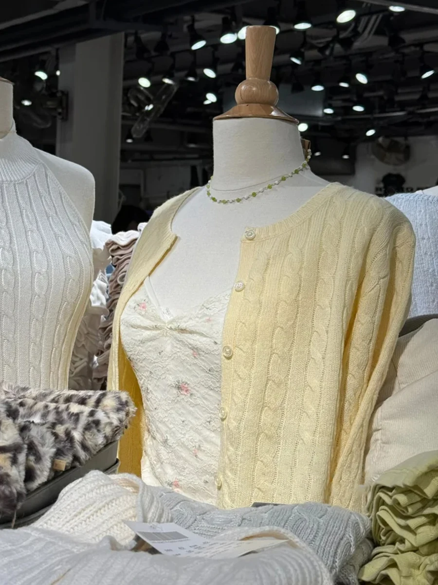 

Butter Yellow Twisted Women's Sweater Cardigan O Neck Single Breasted Long Sleeve Jumper Autumn Sweet Casual Chic Knit Outerwear