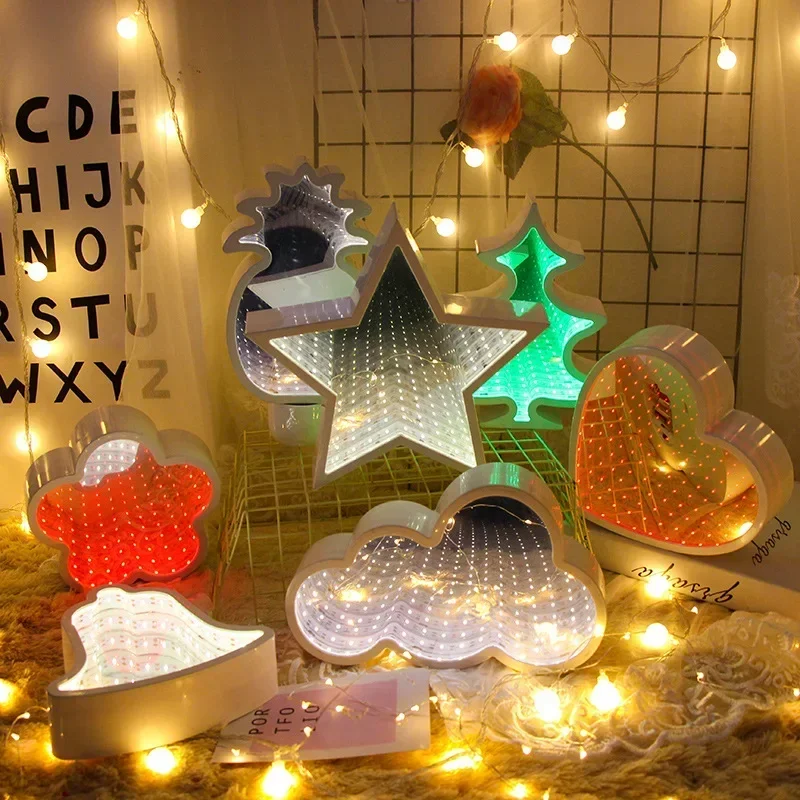 Lámpara de modelado de túnel con efecto 3D, luz LED nocturna de espejo, alimentado por batería, mesita de noche, Creat Heart, Cloud Flower, regalo de cumpleaños